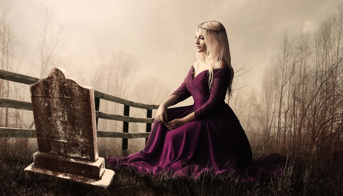 girl purple dress sitting by grave stone good bye nicholas your dead to me